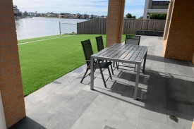 synthetic turf, table and chairs
